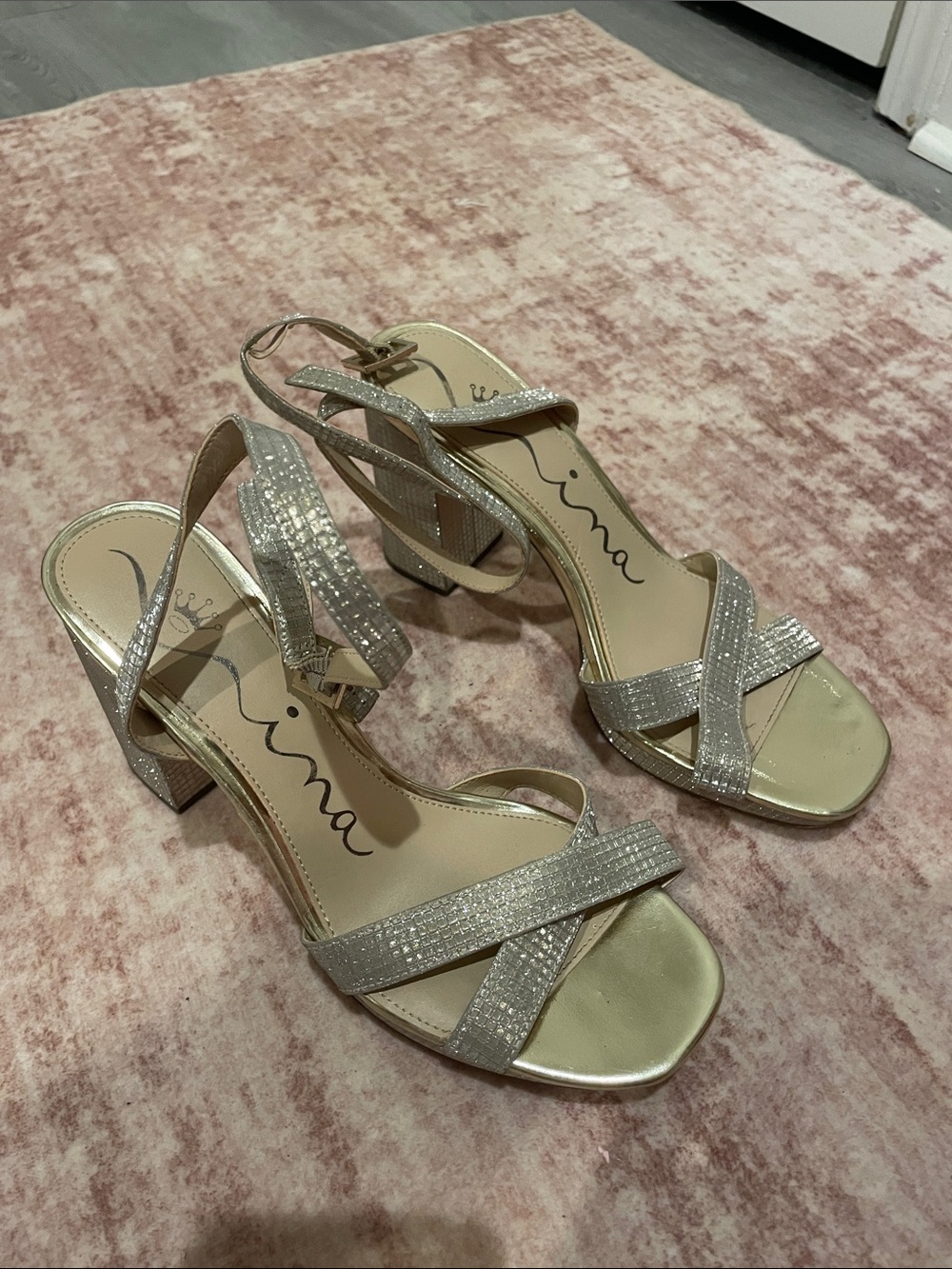 Vince Camuto Silver Sparkle Block Heel Sandals-Bought for 80$ worn one time